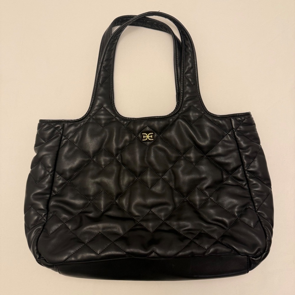 Sam Edelman, Tote Bag, Large, Black, Quilted Faux Leather Gold Logo, MSRP $128